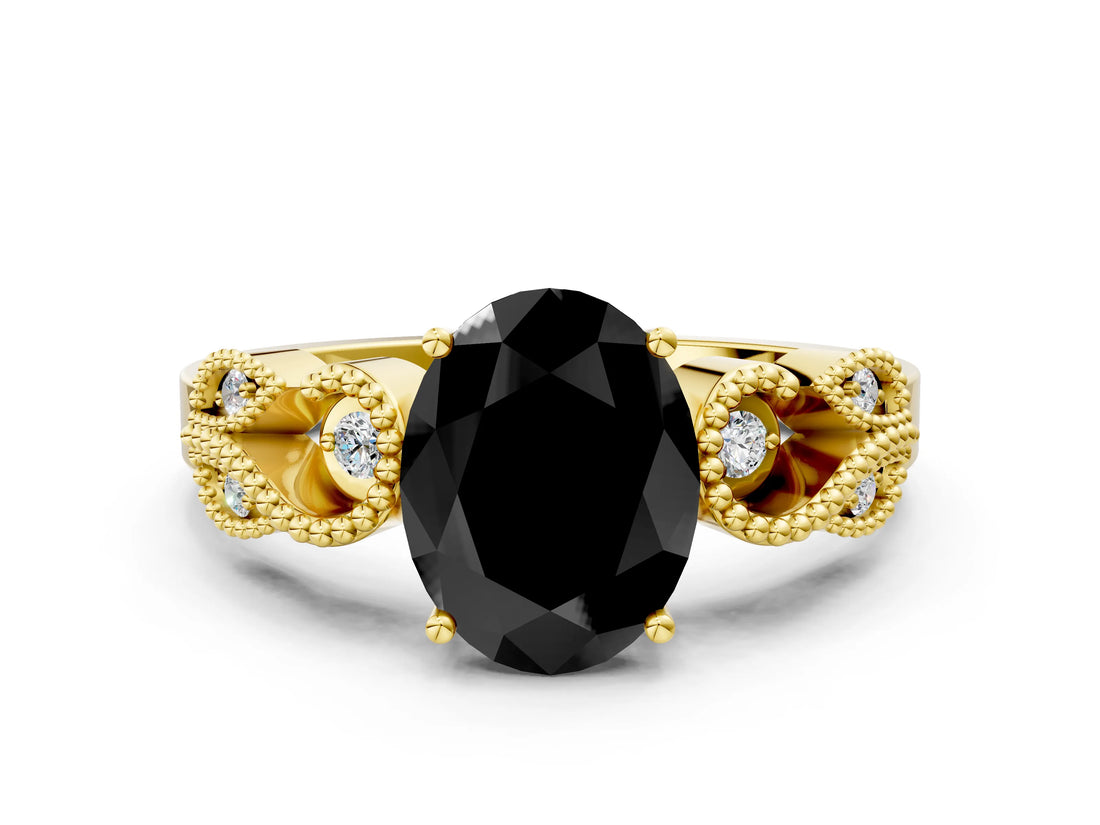 Yellow gold Fancy Black Oval Cut Solitaire Milgrain Leaf Band with Prong Setting