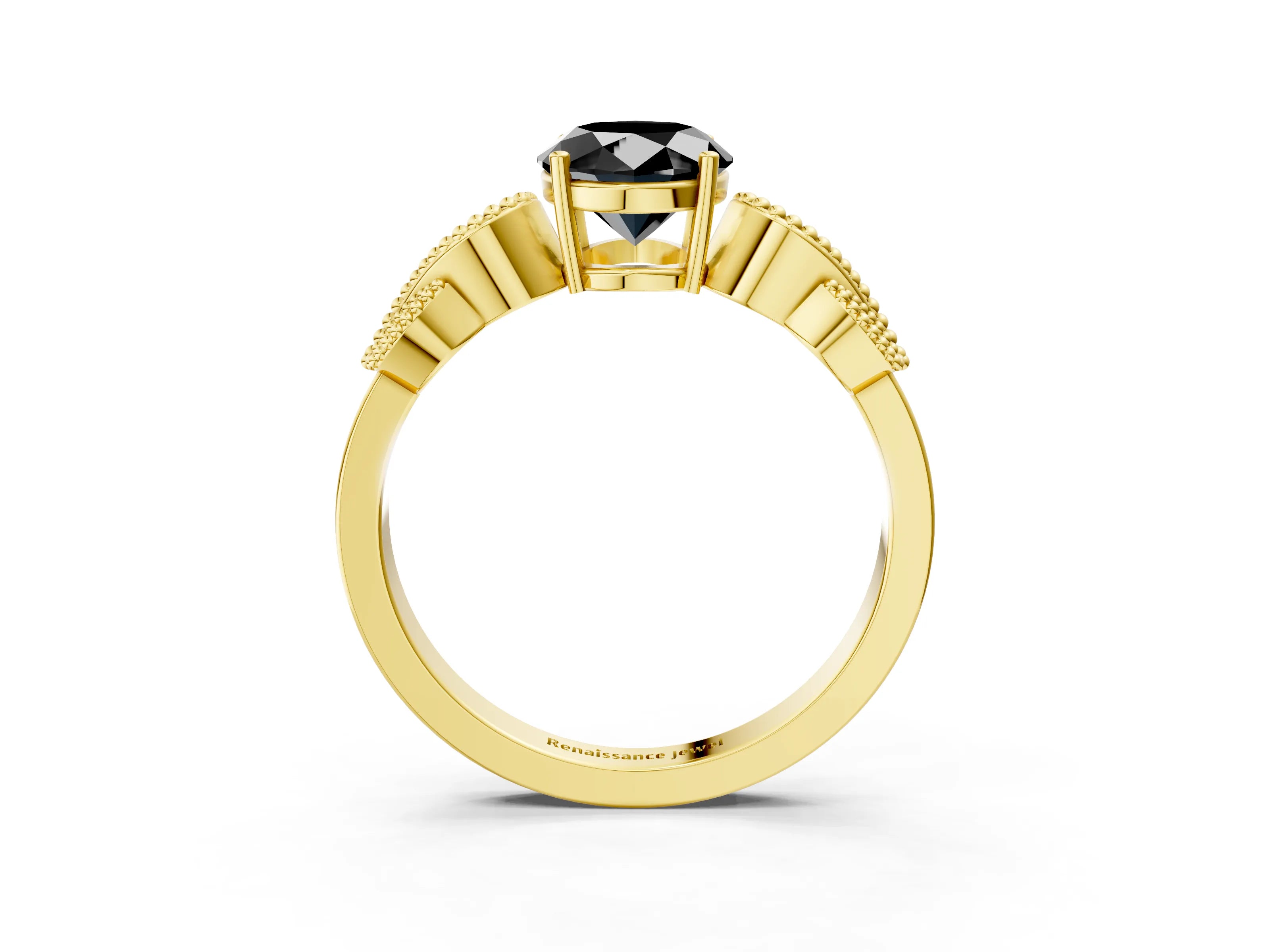 Yellow gold Fancy Black Oval Cut Solitaire Milgrain Leaf Band with Prong Setting_3