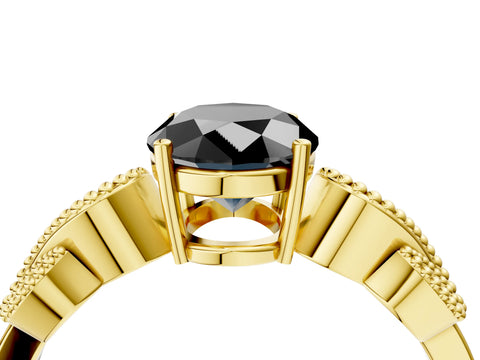 Yellow gold Fancy Black Oval Cut Solitaire Milgrain Leaf Band with Prong Setting_4