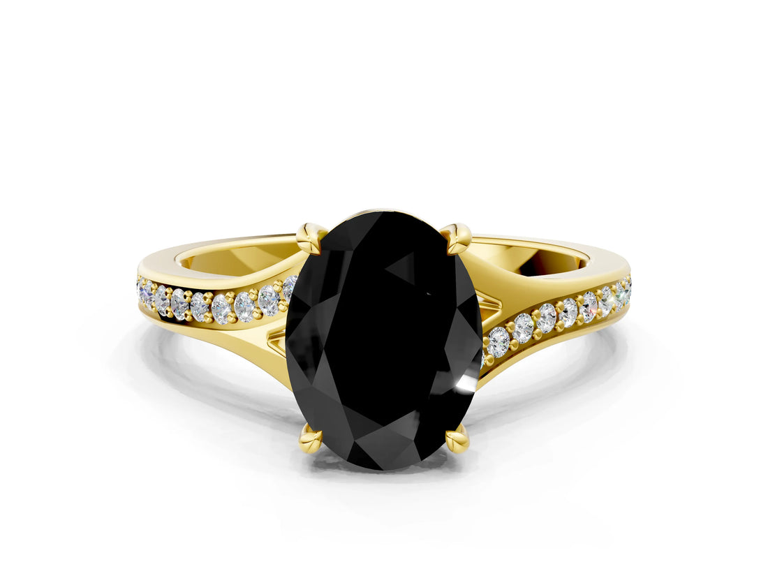 Yellow gold Fancy Black Oval Cut Solitaire Pavé Band with Four-Prong Setting