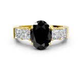 Yellow gold Fancy Black Oval Cut Solitaire Princess Side Stone Engraved Band Prong Setting Ring