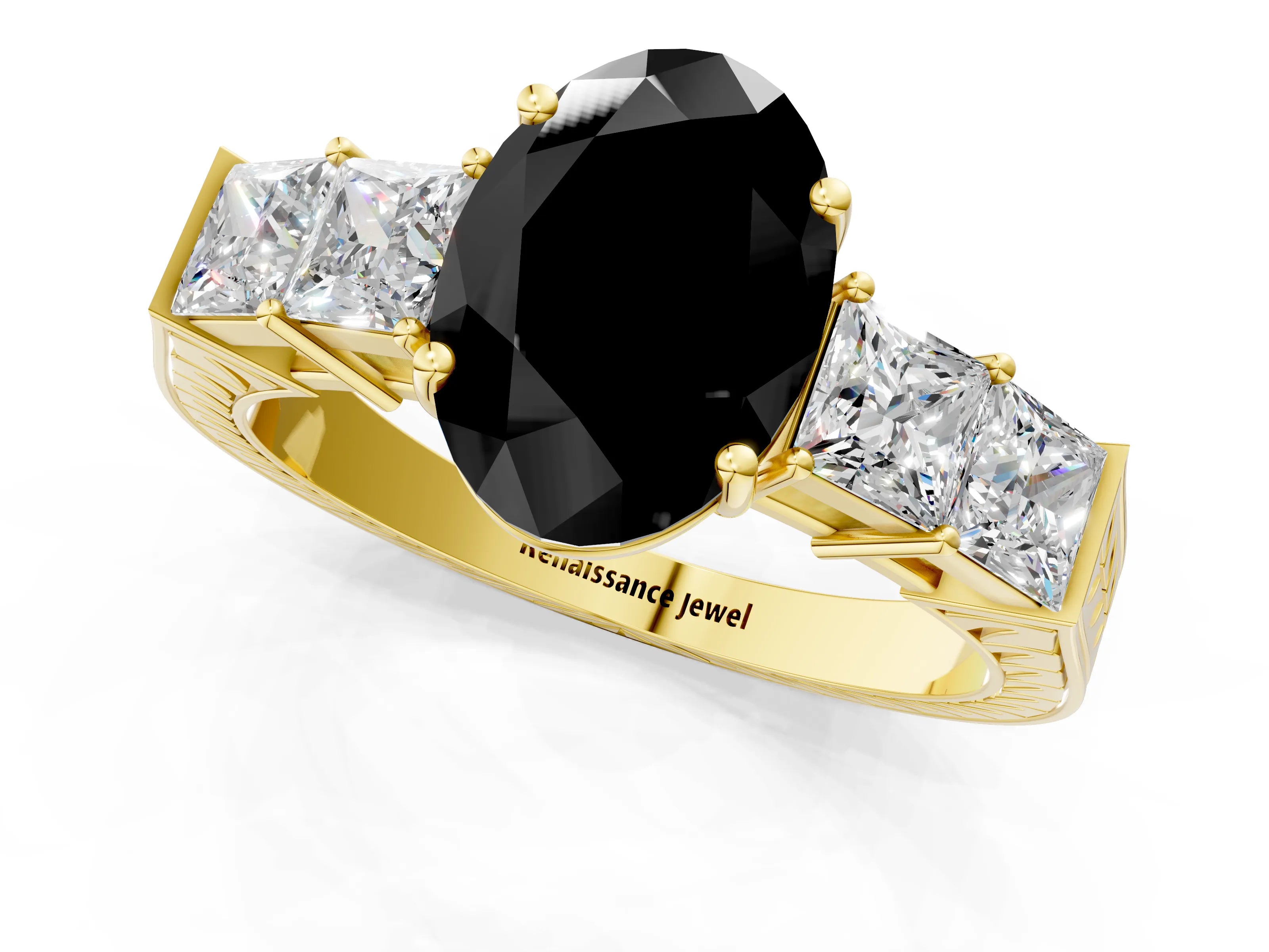 Yellow gold Fancy Black Oval Cut Solitaire Princess Side Stone Engraved Band Prong Setting Ring_1