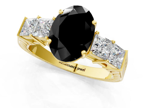 Yellow gold Fancy Black Oval Cut Solitaire Princess Side Stone Engraved Band Prong Setting Ring_1