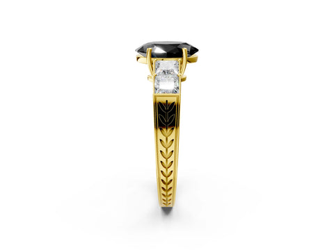 Yellow gold Fancy Black Oval Cut Solitaire Princess Side Stone Engraved Band Prong Setting Ring_2