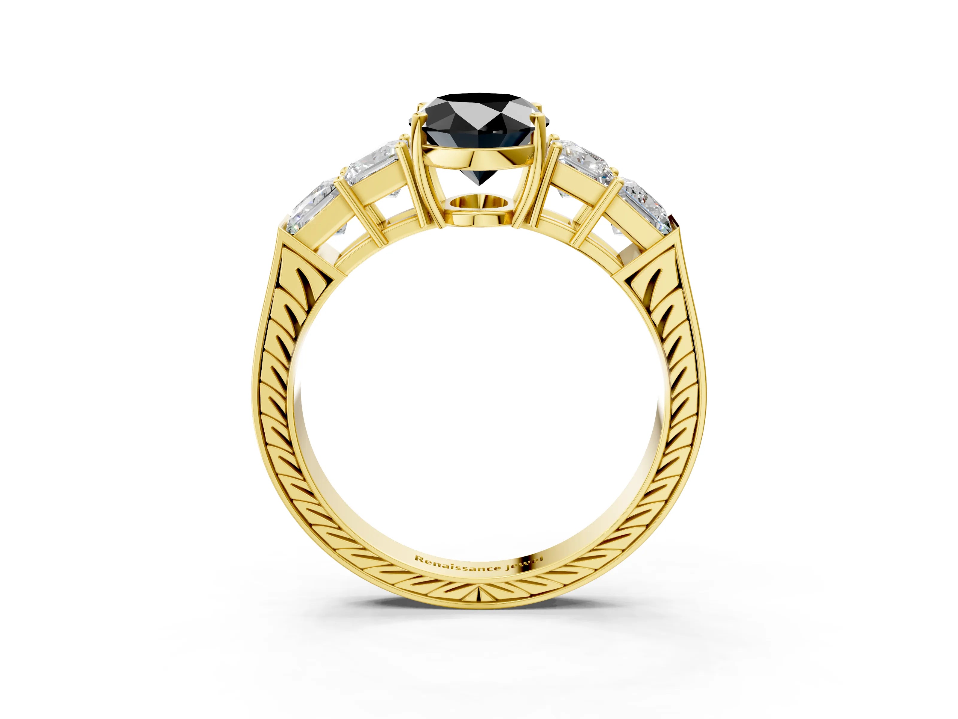 Yellow gold Fancy Black Oval Cut Solitaire Princess Side Stone Engraved Band Prong Setting Ring_3