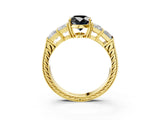 Yellow gold Fancy Black Oval Cut Solitaire Princess Side Stone Engraved Band Prong Setting Ring_3