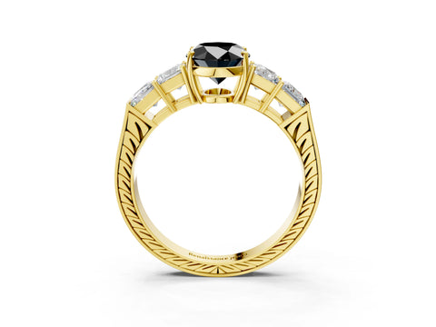 Yellow gold Fancy Black Oval Cut Solitaire Princess Side Stone Engraved Band Prong Setting Ring_3