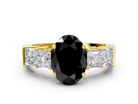 Yellow gold Fancy Black Oval Cut Solitaire Princess Side Stone Engraved Band Prong Setting Ring