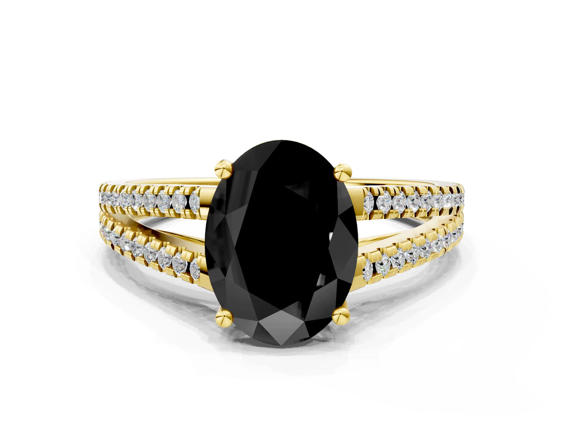 Yellow gold Fancy Black Oval Cut Solitaire Split Shank Pavé Diamond Engagement Ring