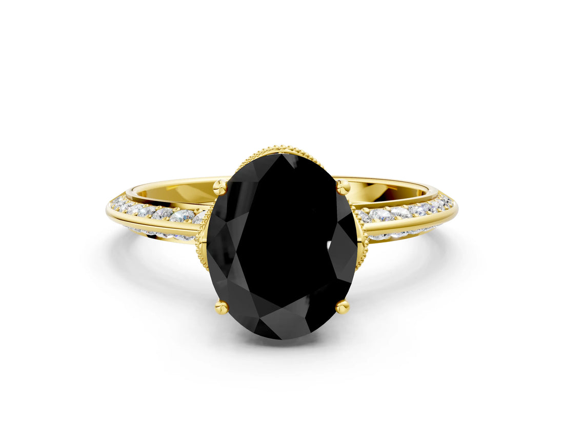 Yellow gold Fancy Black Oval Cut Solitaire Split Shank Pave Diamond Engagement Ring with Four-Prong Setting_18