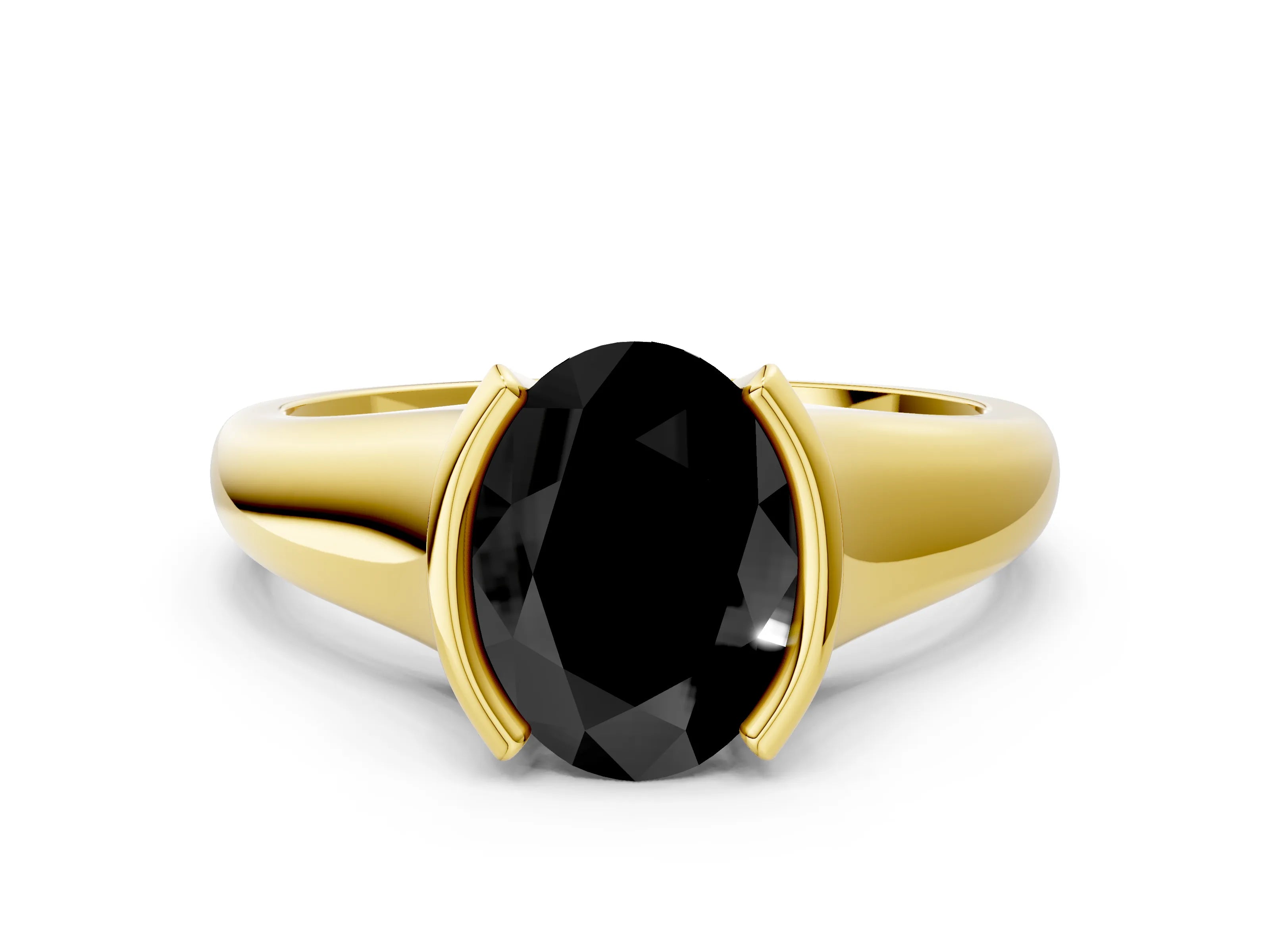 Yellow gold Fancy Black Oval Cut Solitaire Tension Set Diamond Ring with Split Shank Band