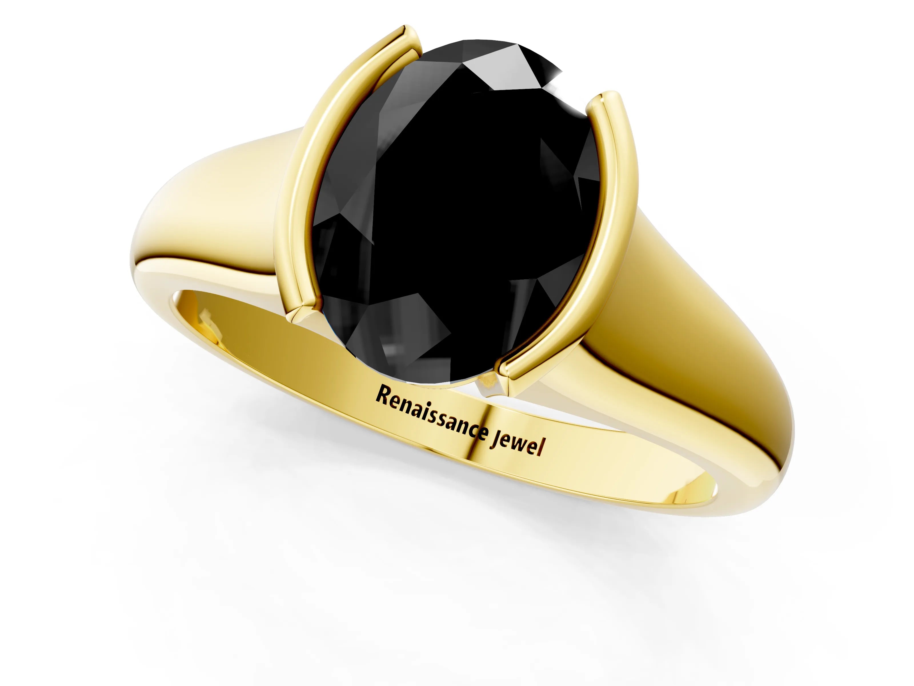 Yellow gold Fancy Black Oval Cut Solitaire Tension Set Diamond Ring with Split Shank Band_1