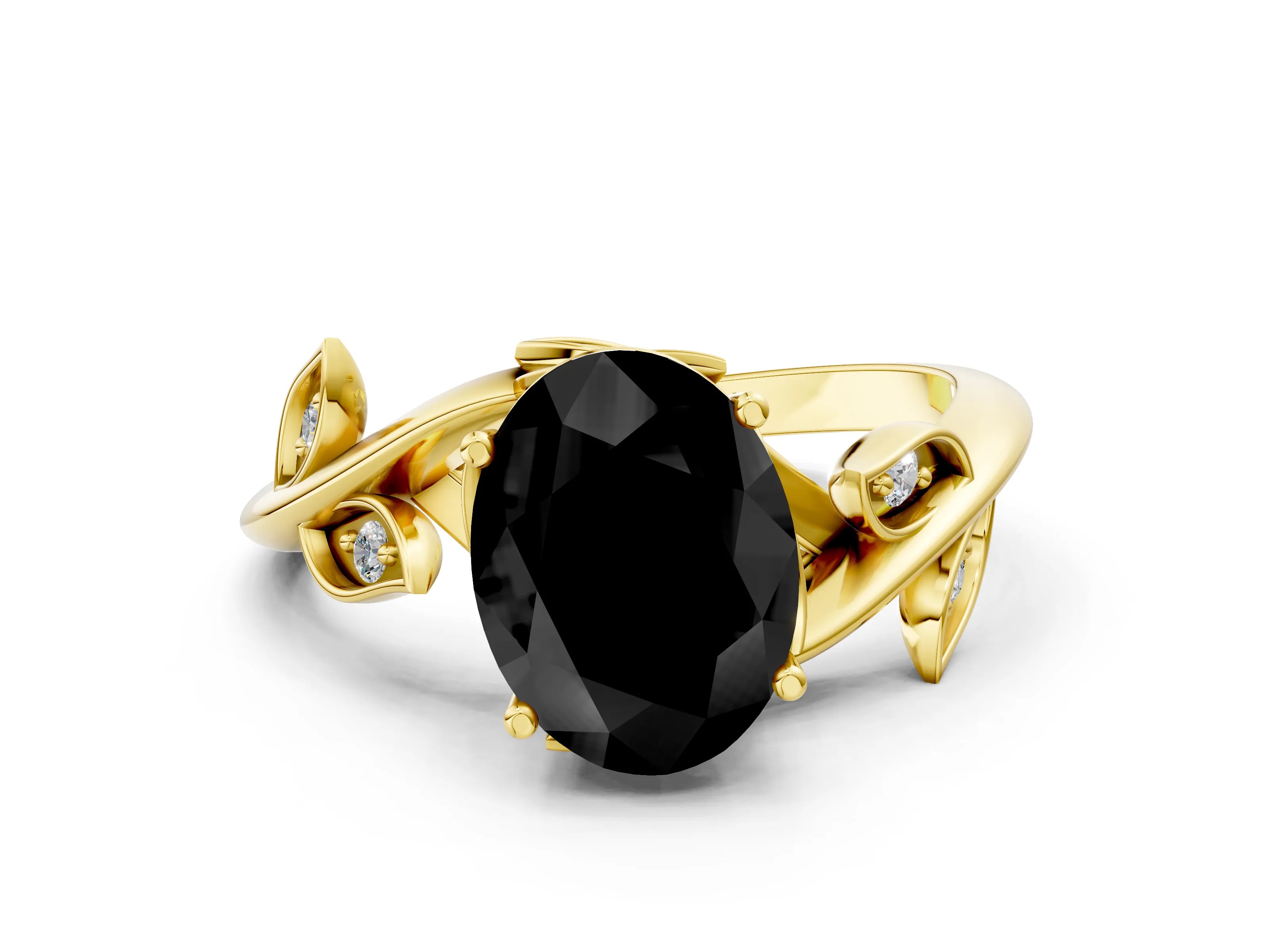 Yellow gold Fancy Black Oval Cut Solitaire Twist Engagement Ring with Leaf Accents and Prong Setting_12