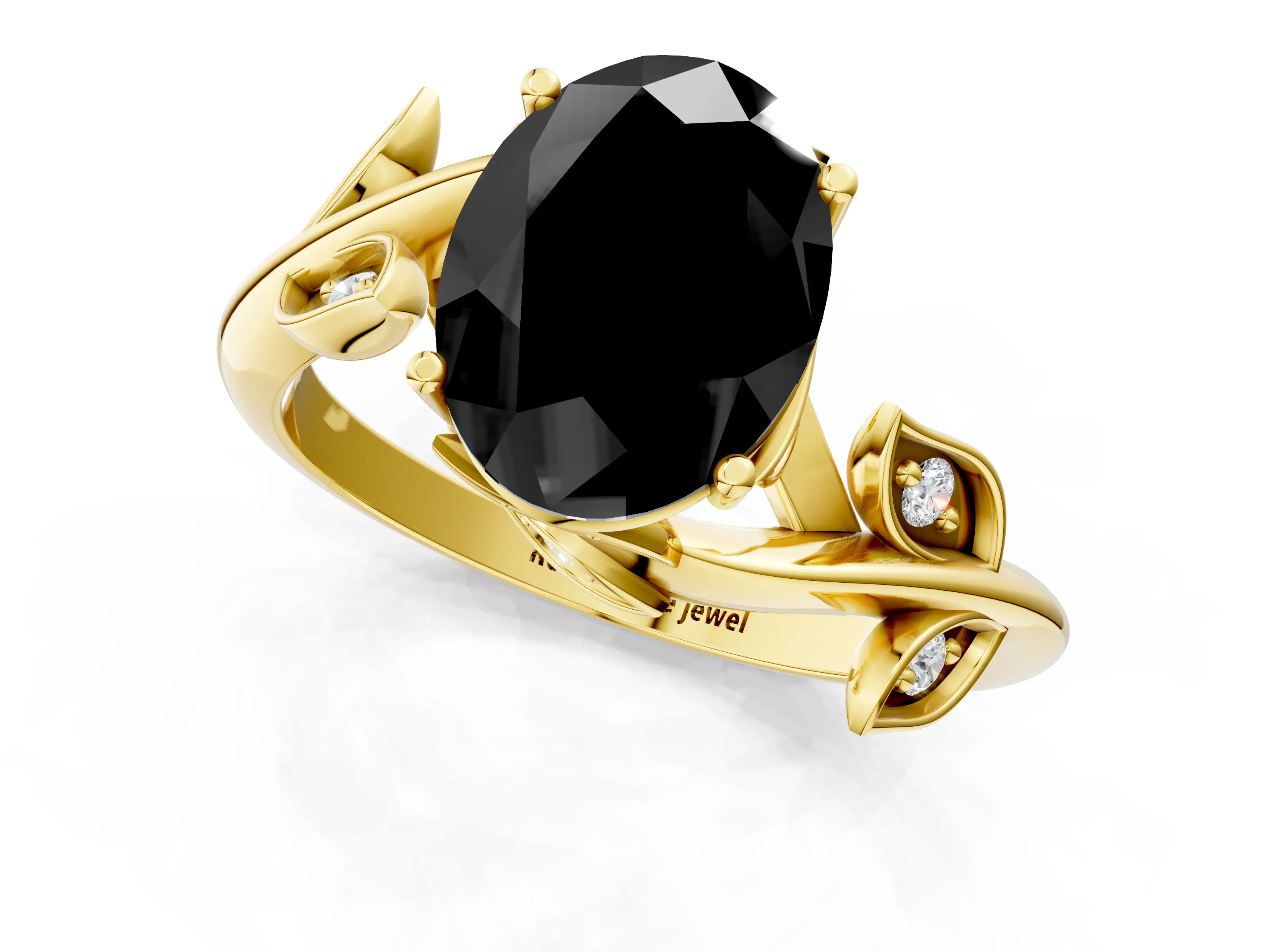 Yellow gold Fancy Black Oval Cut Solitaire Twist Engagement Ring with Leaf Accents and Prong Setting_13