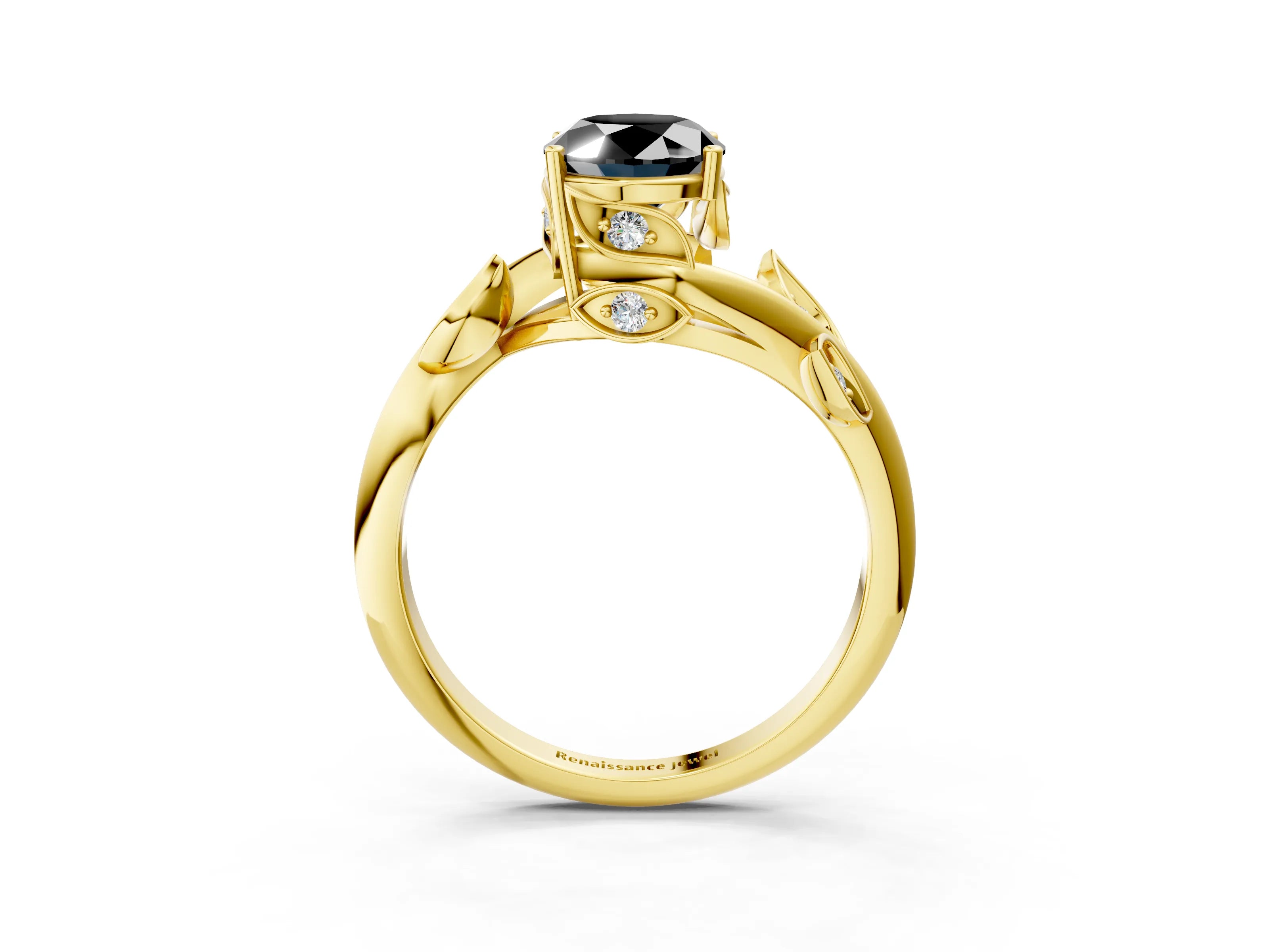 Yellow gold Fancy Black Oval Cut Solitaire Twist Engagement Ring with Leaf Accents and Prong Setting_15