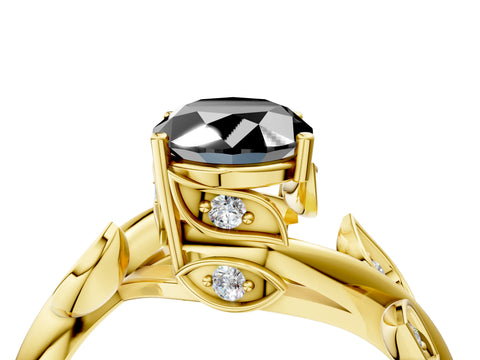 Yellow gold Fancy Black Oval Cut Solitaire Twist Engagement Ring with Leaf Accents and Prong Setting_16