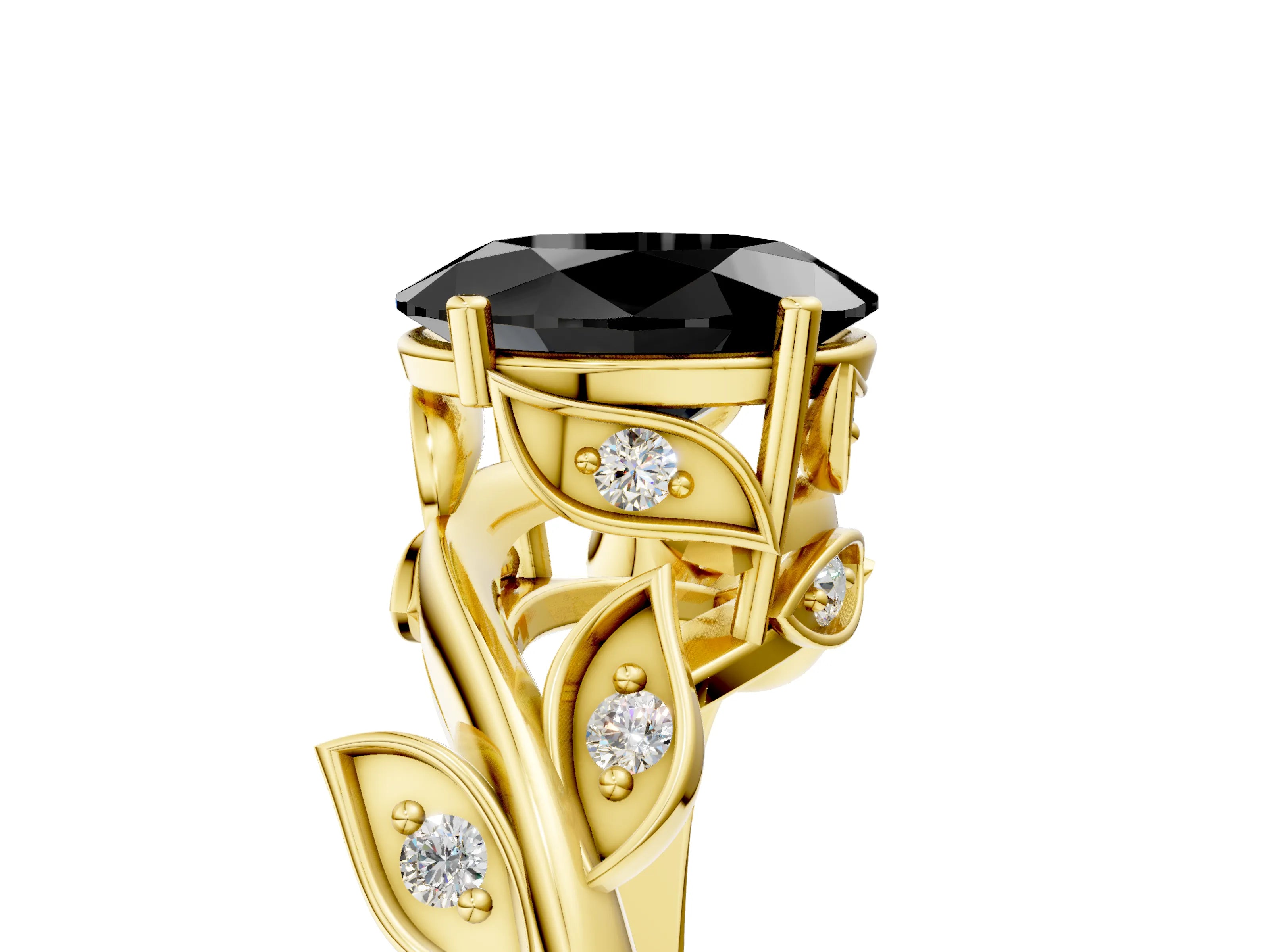 Yellow gold Fancy Black Oval Cut Solitaire Twist Engagement Ring with Leaf Accents and Prong Setting_17
