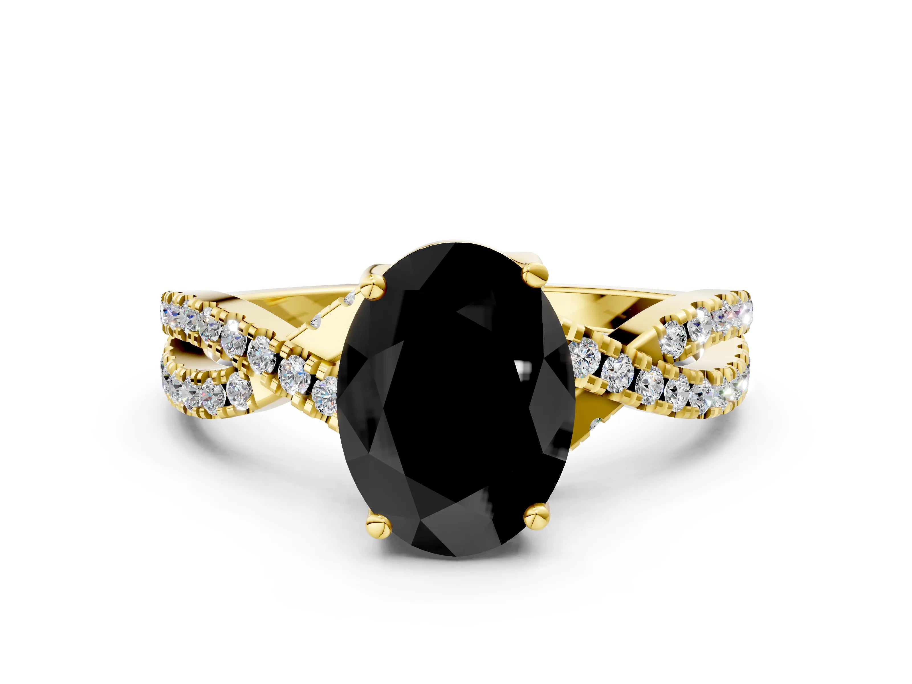 Yellow gold Fancy Black Oval Cut Solitaire Twist Pave Diamond Engagement Ring with Prong Setting