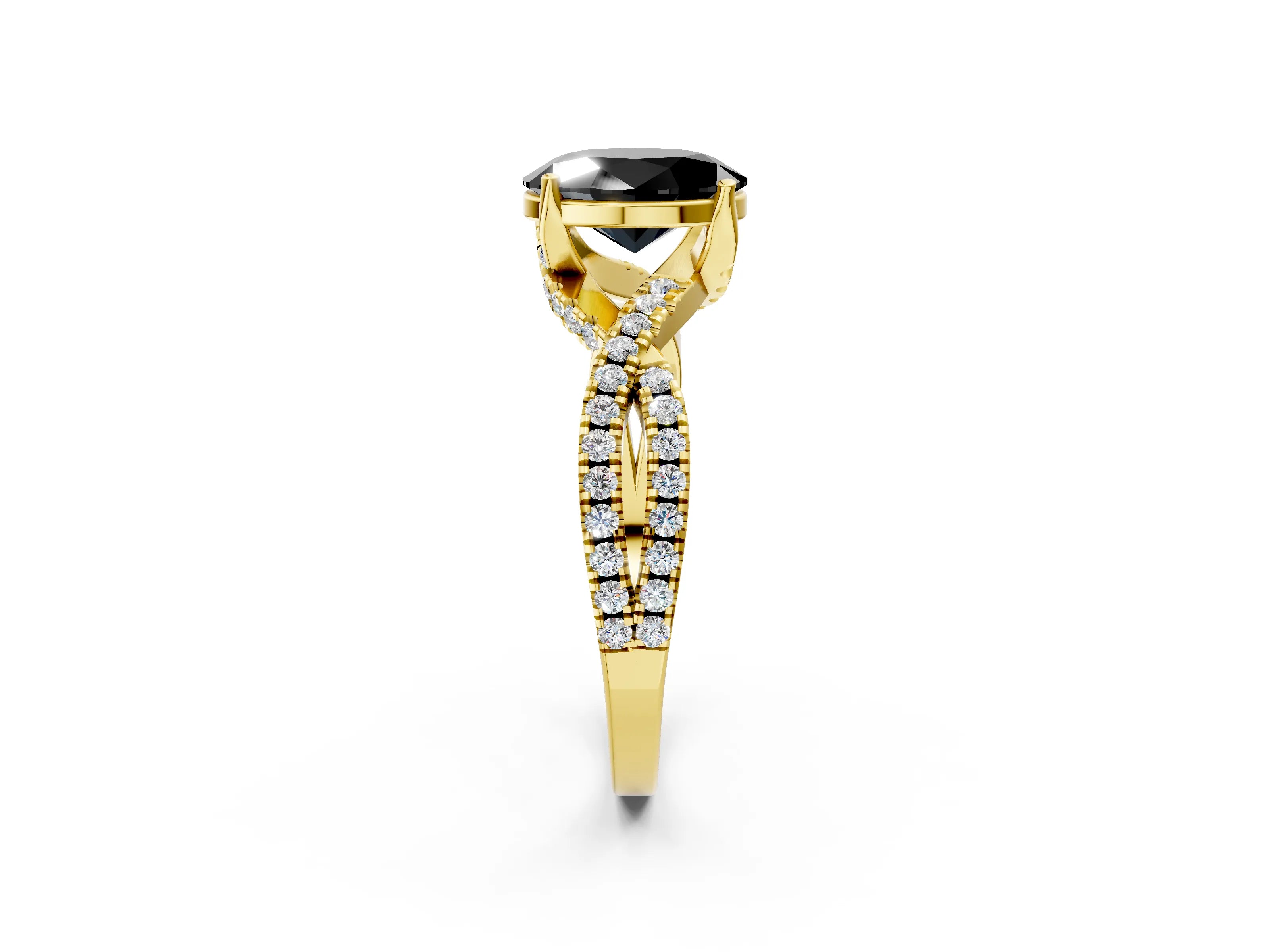 Yellow gold Fancy Black Oval Cut Solitaire Twist Pave Diamond Engagement Ring with Prong Setting_2