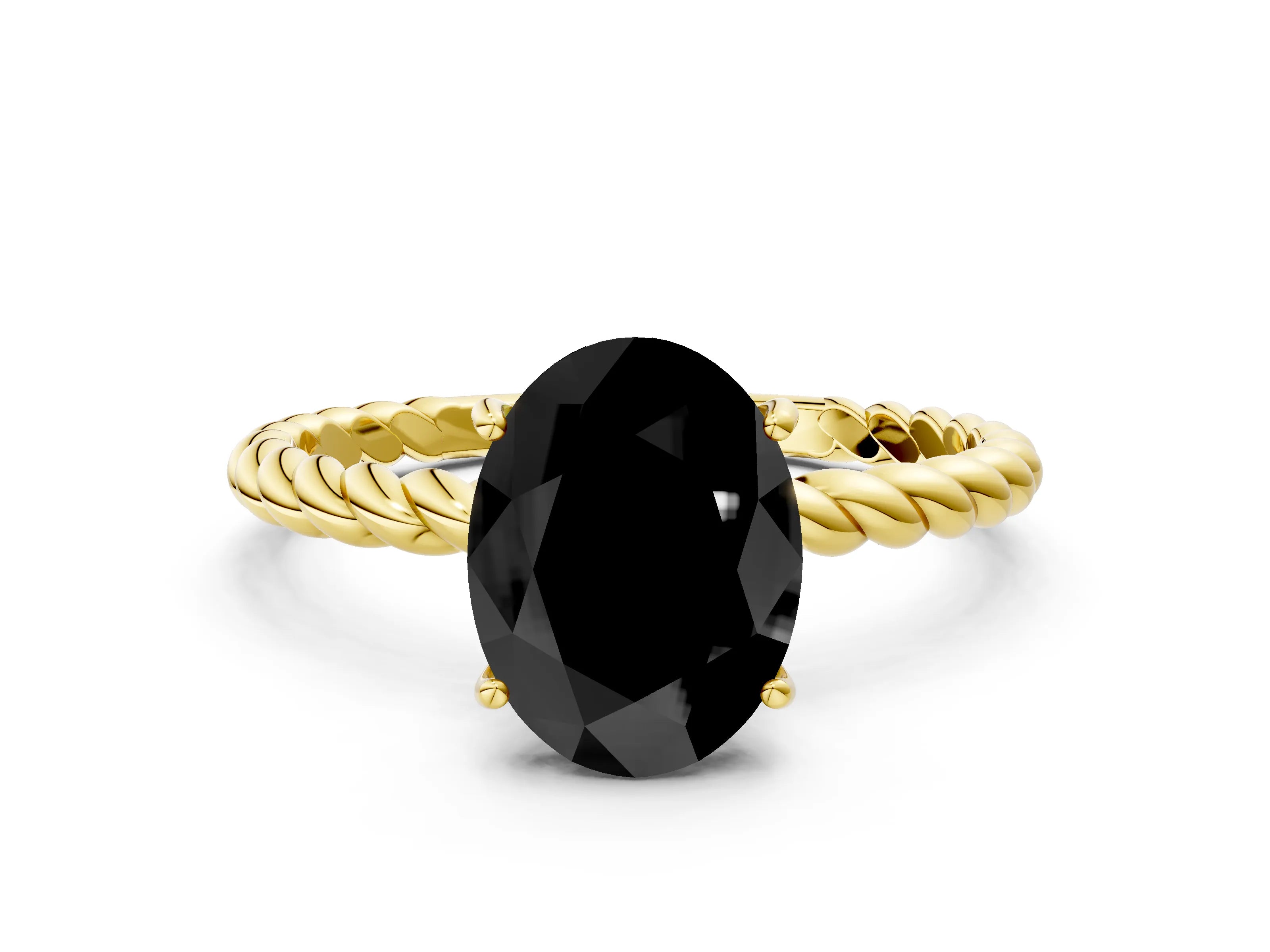 Yellow gold Fancy Black Oval Cut Solitaire Twisted Band 4-Prong Ring