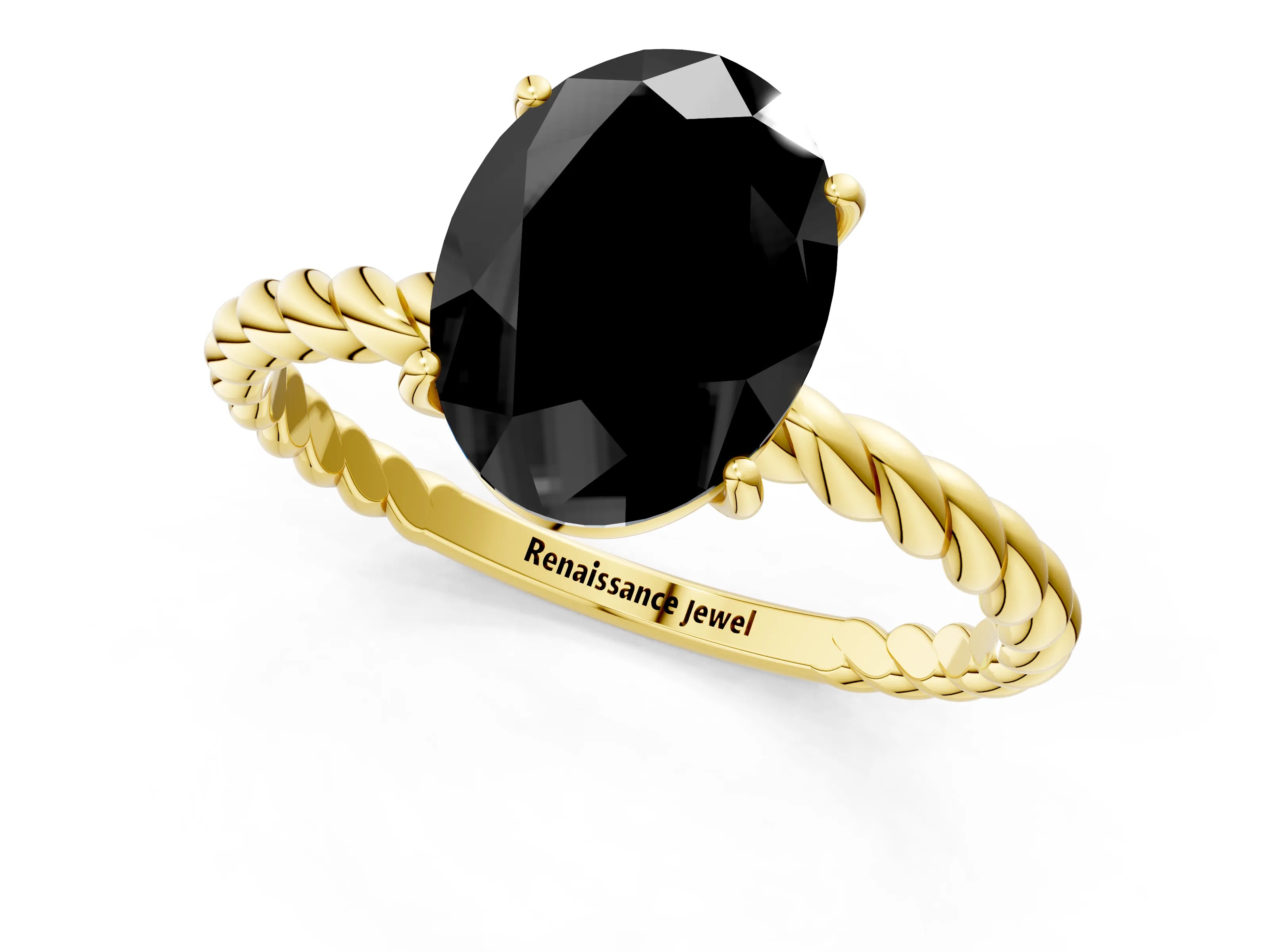 Yellow gold Fancy Black Oval Cut Solitaire Twisted Band 4-Prong Ring_1
