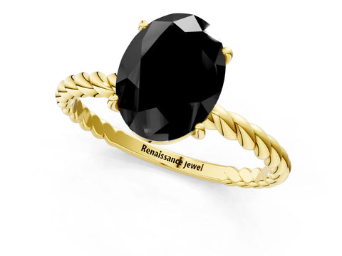 Yellow gold Fancy Black Oval Cut Solitaire Twisted Band 4-Prong Ring_1