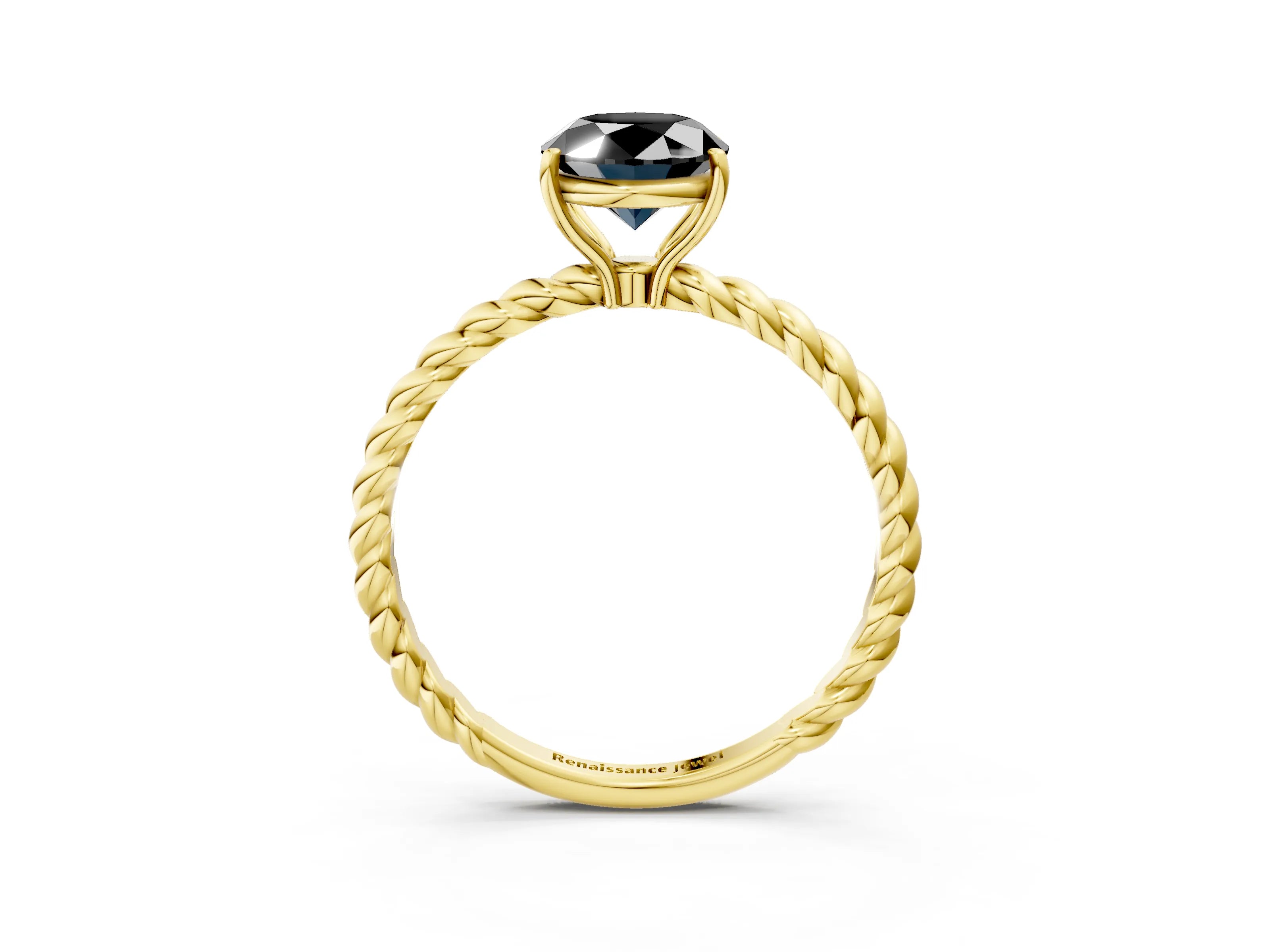 Yellow gold Fancy Black Oval Cut Solitaire Twisted Band 4-Prong Ring_3