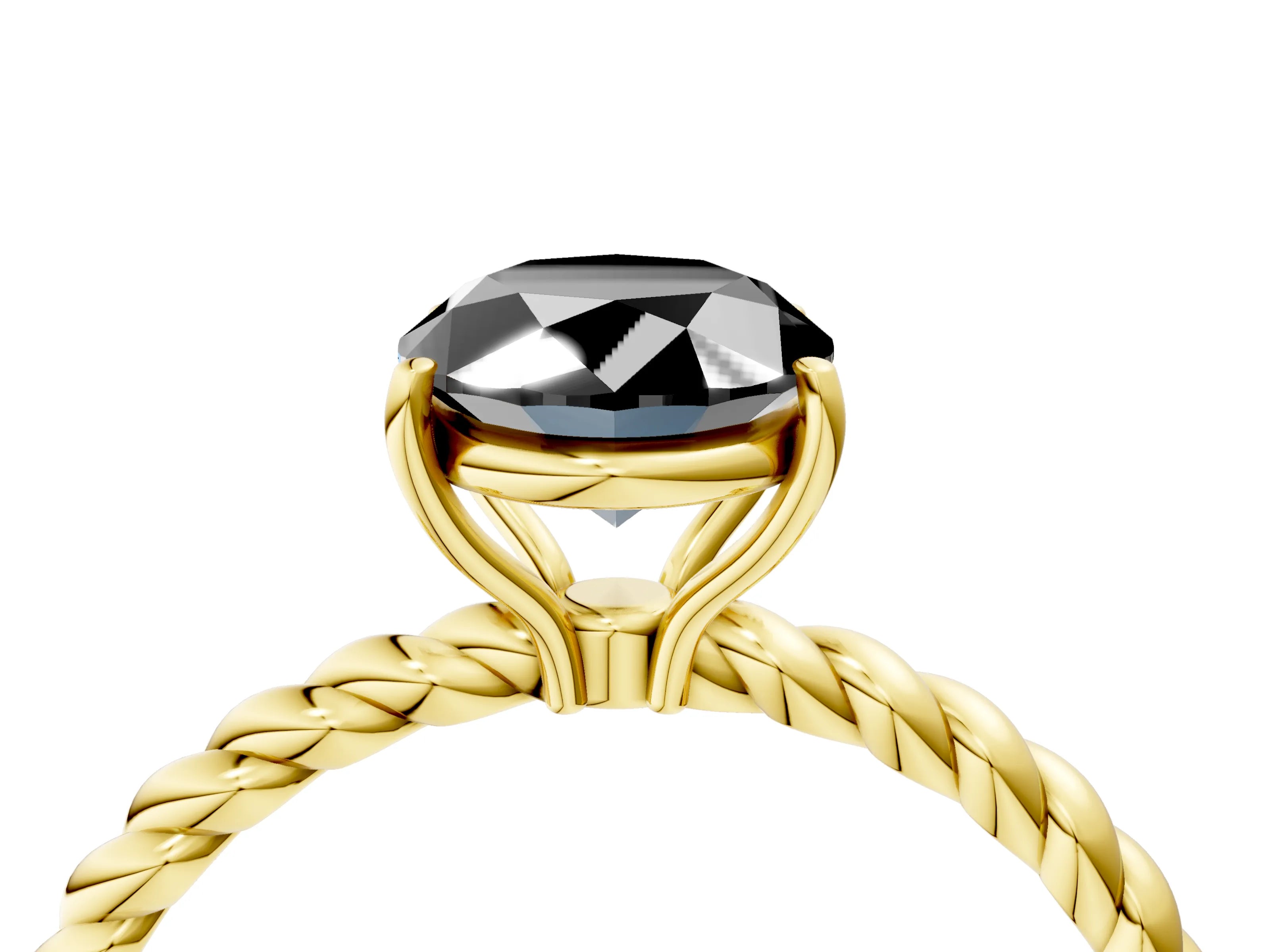 Yellow gold Fancy Black Oval Cut Solitaire Twisted Band 4-Prong Ring_4