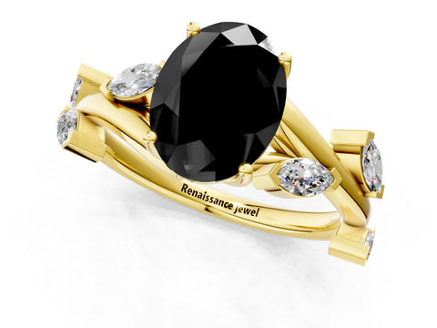 Yellow gold Fancy Black Oval Cut Solitaire Twisted Band Marquise Accent Prong Setting Ring_1