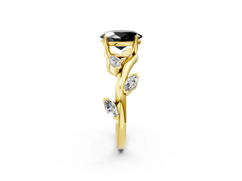 Yellow gold Fancy Black Oval Cut Solitaire Twisted Band Marquise Accent Prong Setting Ring_2
