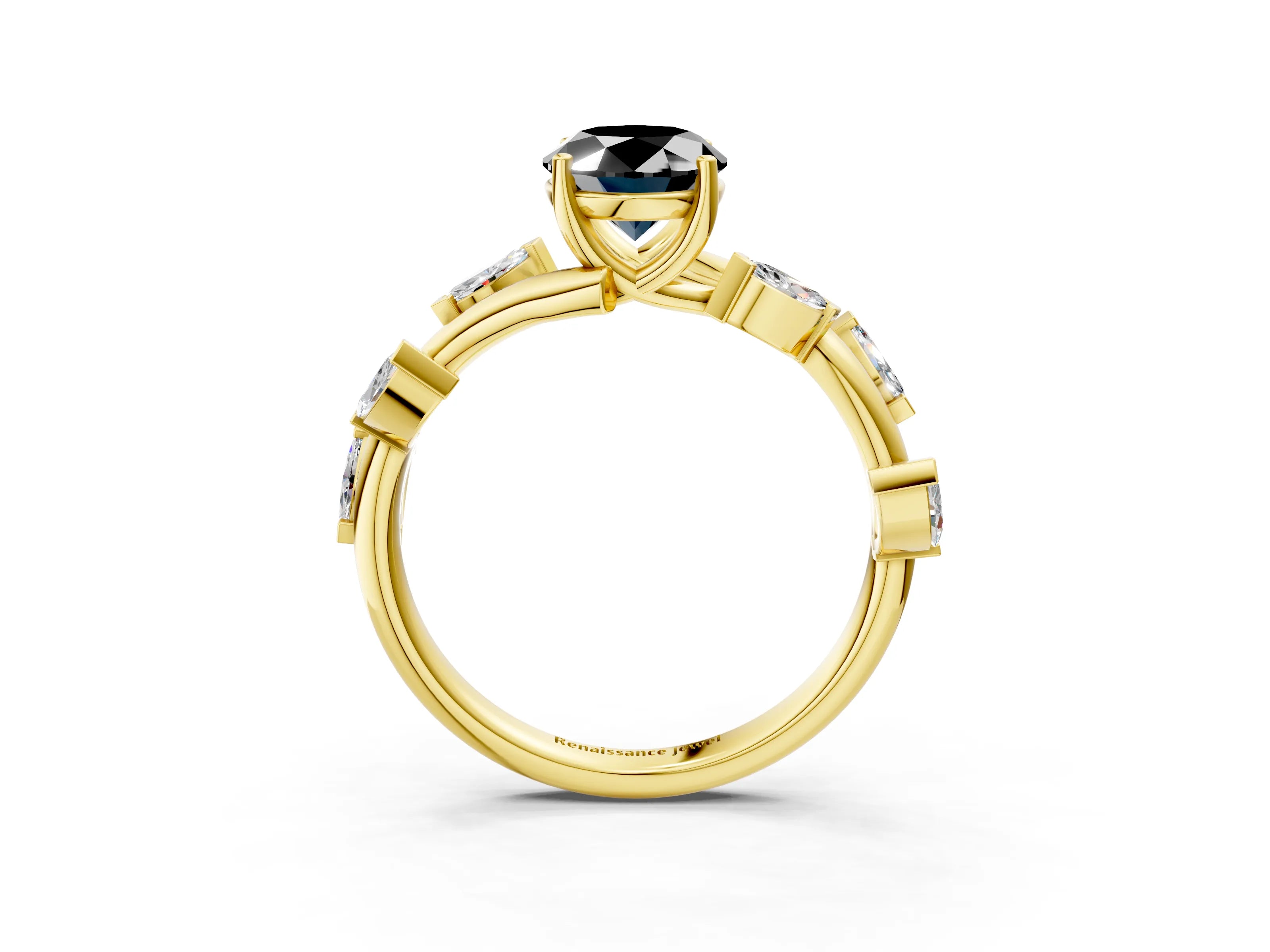 Yellow gold Fancy Black Oval Cut Solitaire Twisted Band Marquise Accent Prong Setting Ring_3