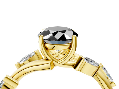 Yellow gold Fancy Black Oval Cut Solitaire Twisted Band Marquise Accent Prong Setting Ring_4