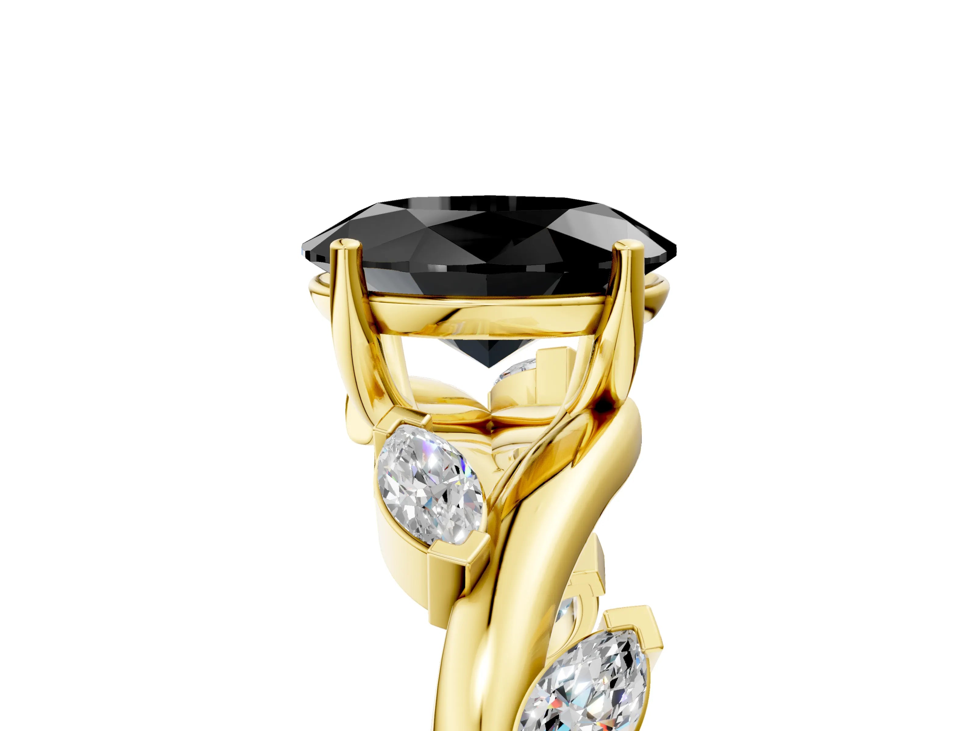 Yellow gold Fancy Black Oval Cut Solitaire Twisted Band Marquise Accent Prong Setting Ring_5