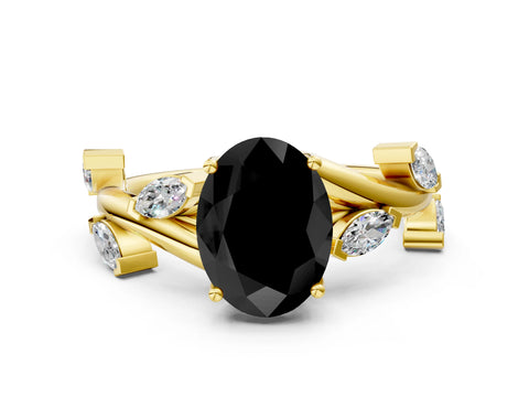 Yellow gold Fancy Black Oval Cut Solitaire Twisted Band Marquise Accent Prong Setting Ring