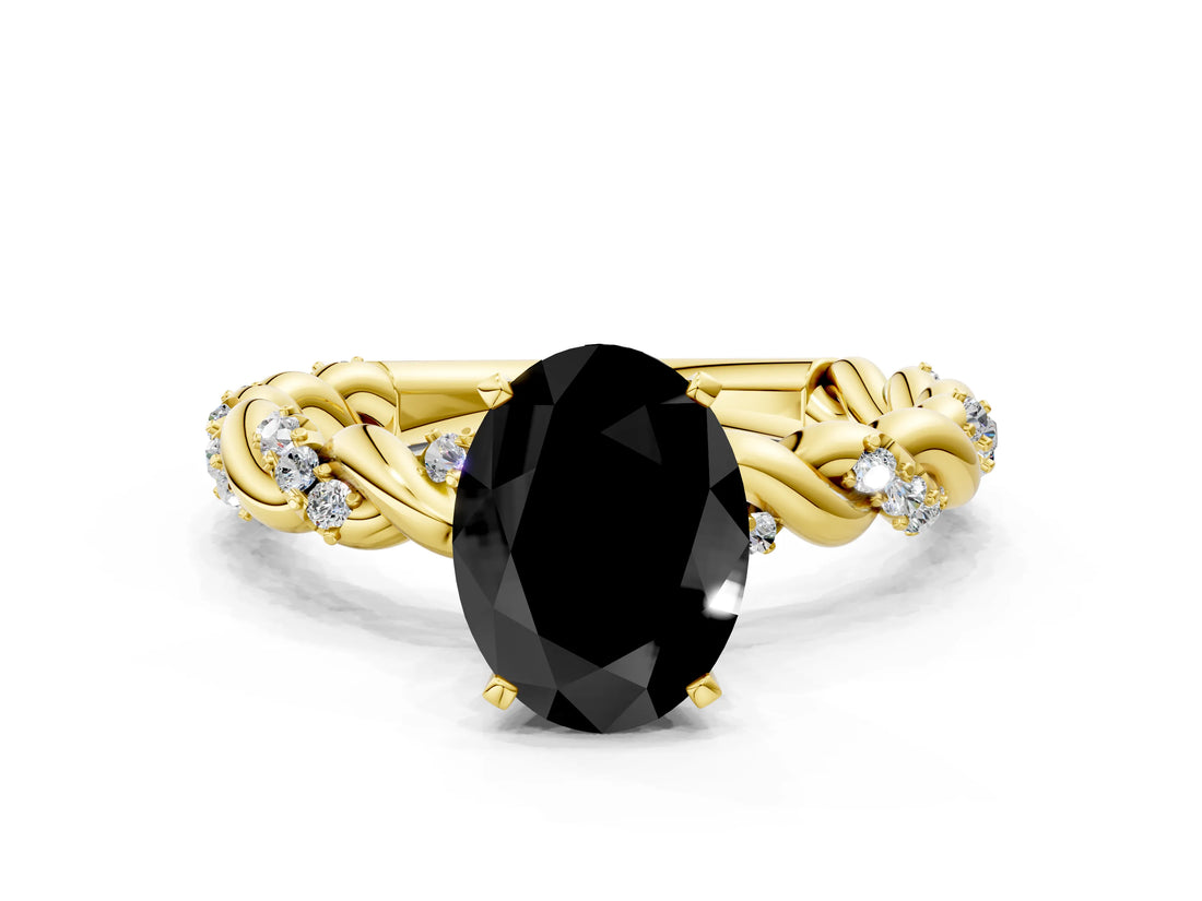 Yellow gold Fancy Black Oval Cut Solitaire Twisted Band with Pavé Accents and Four-Prong Setting