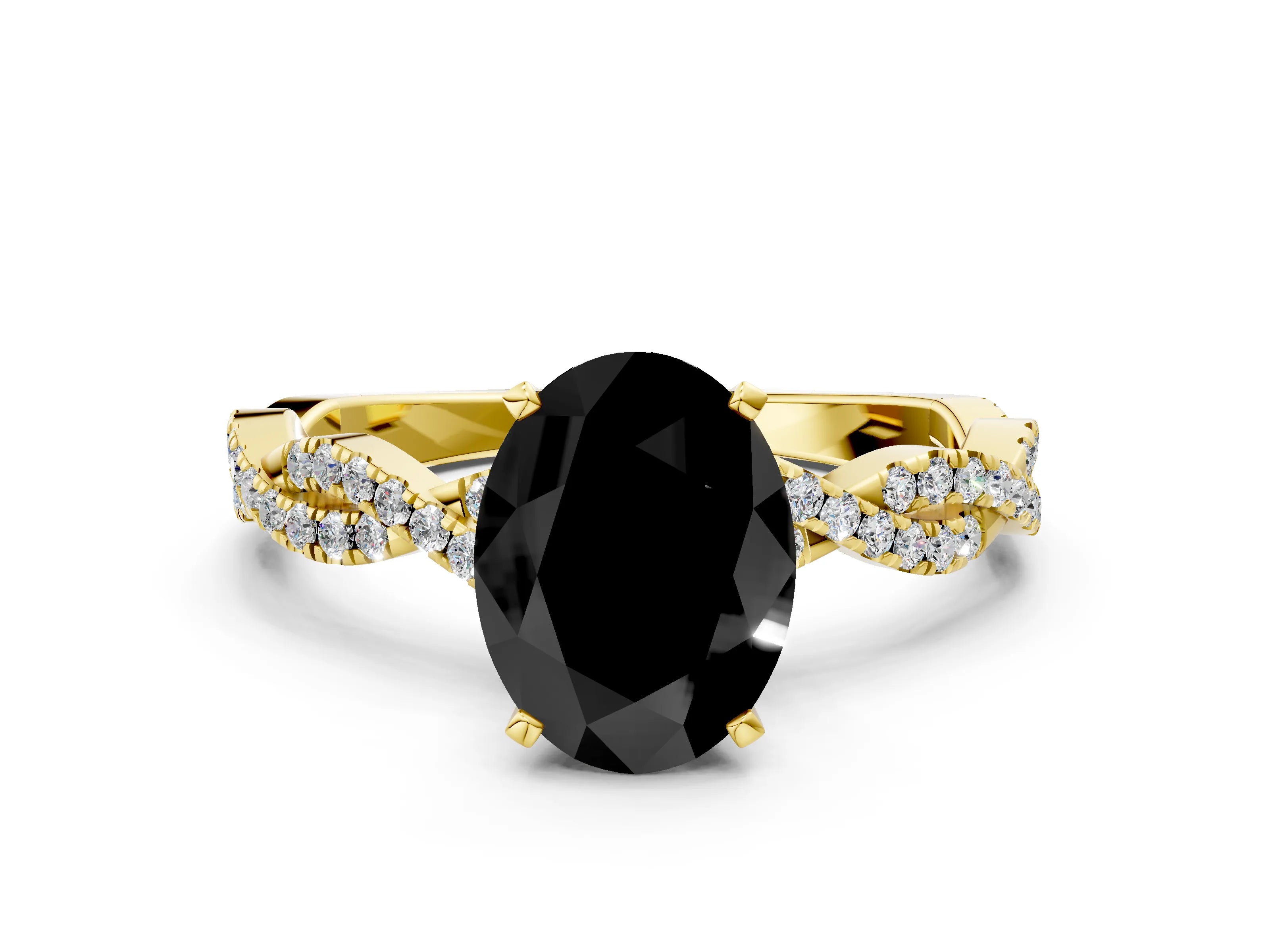Yellow gold Fancy Black Oval Cut Solitaire Twisted Pave Band with Four-Prong Setting_3