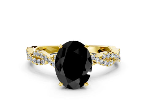 Yellow gold Fancy Black Oval Cut Solitaire Twisted Pave Band with Four-Prong Setting_3