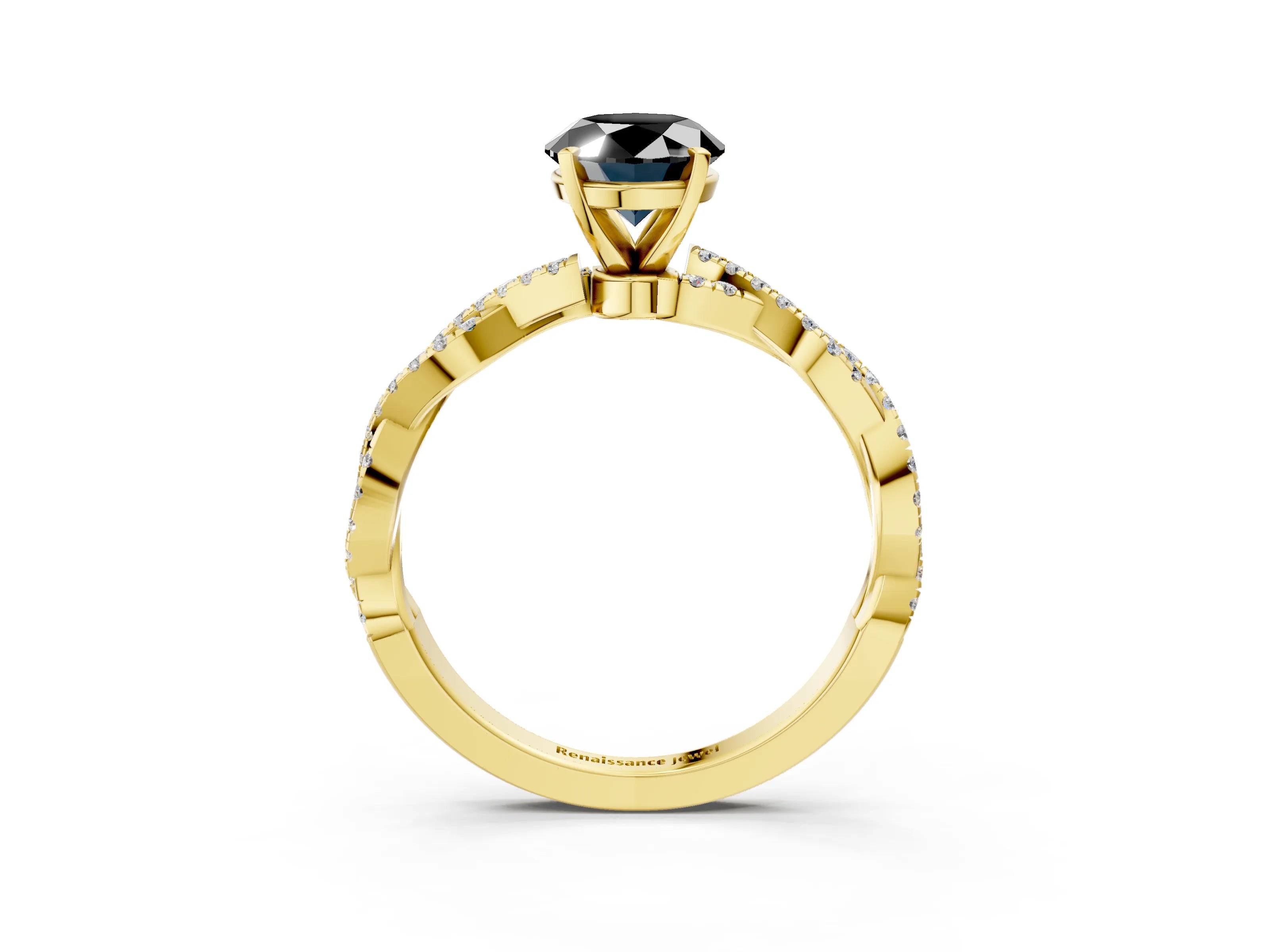 Yellow gold Fancy Black Oval Cut Solitaire Twisted Pave Band with Four-Prong Setting_6