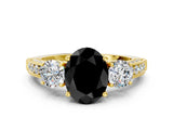 Yellow gold Fancy Black Oval Cut Three-Stone Diamond Ring with Pavé Band and Four-Prong Setting