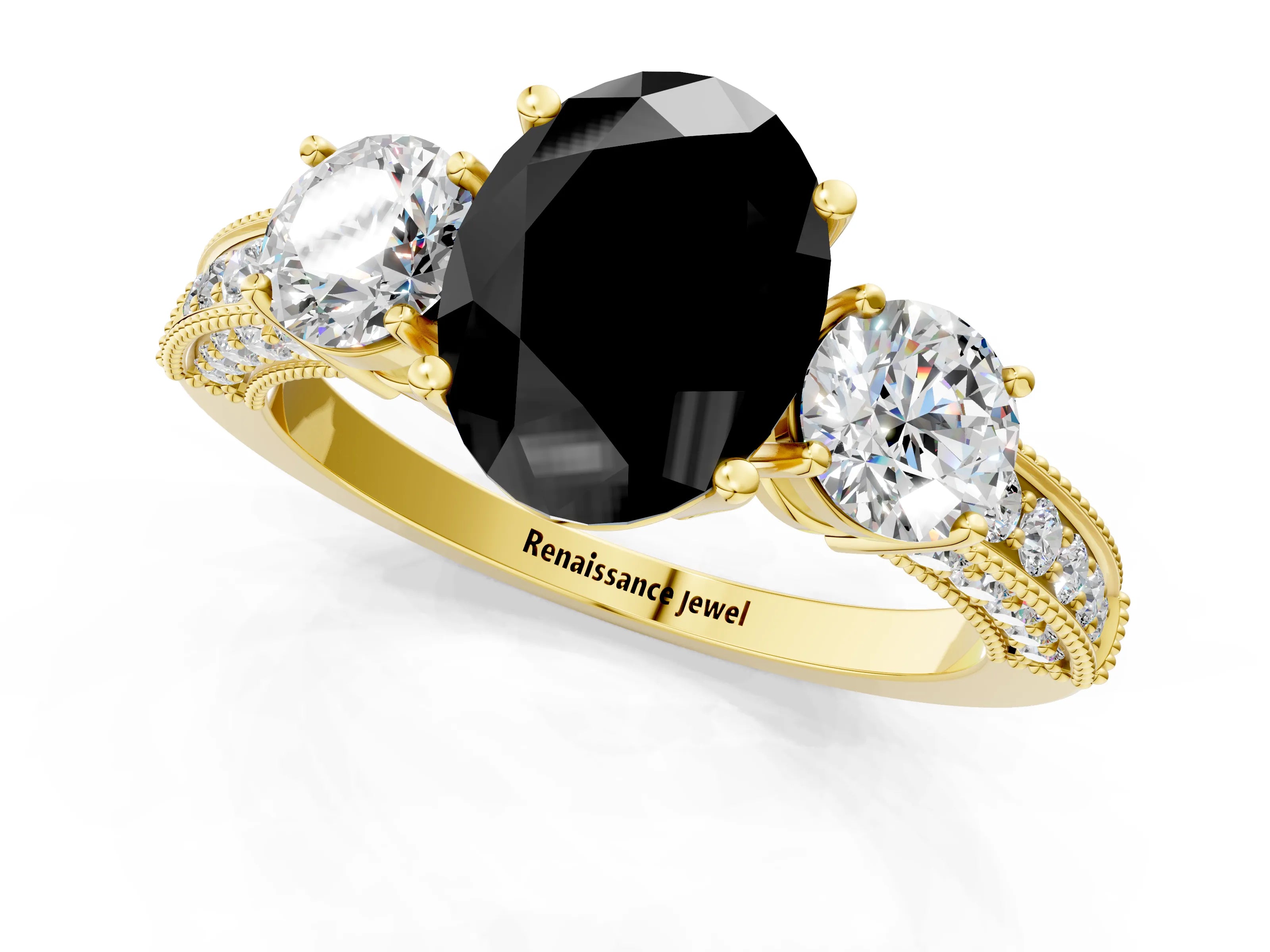 Yellow gold Fancy Black Oval Cut Three-Stone Diamond Ring with Pavé Band and Four-Prong Setting_1