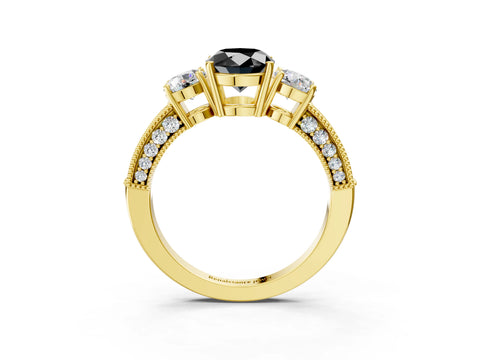 Yellow gold Fancy Black Oval Cut Three-Stone Diamond Ring with Pavé Band and Four-Prong Setting_3