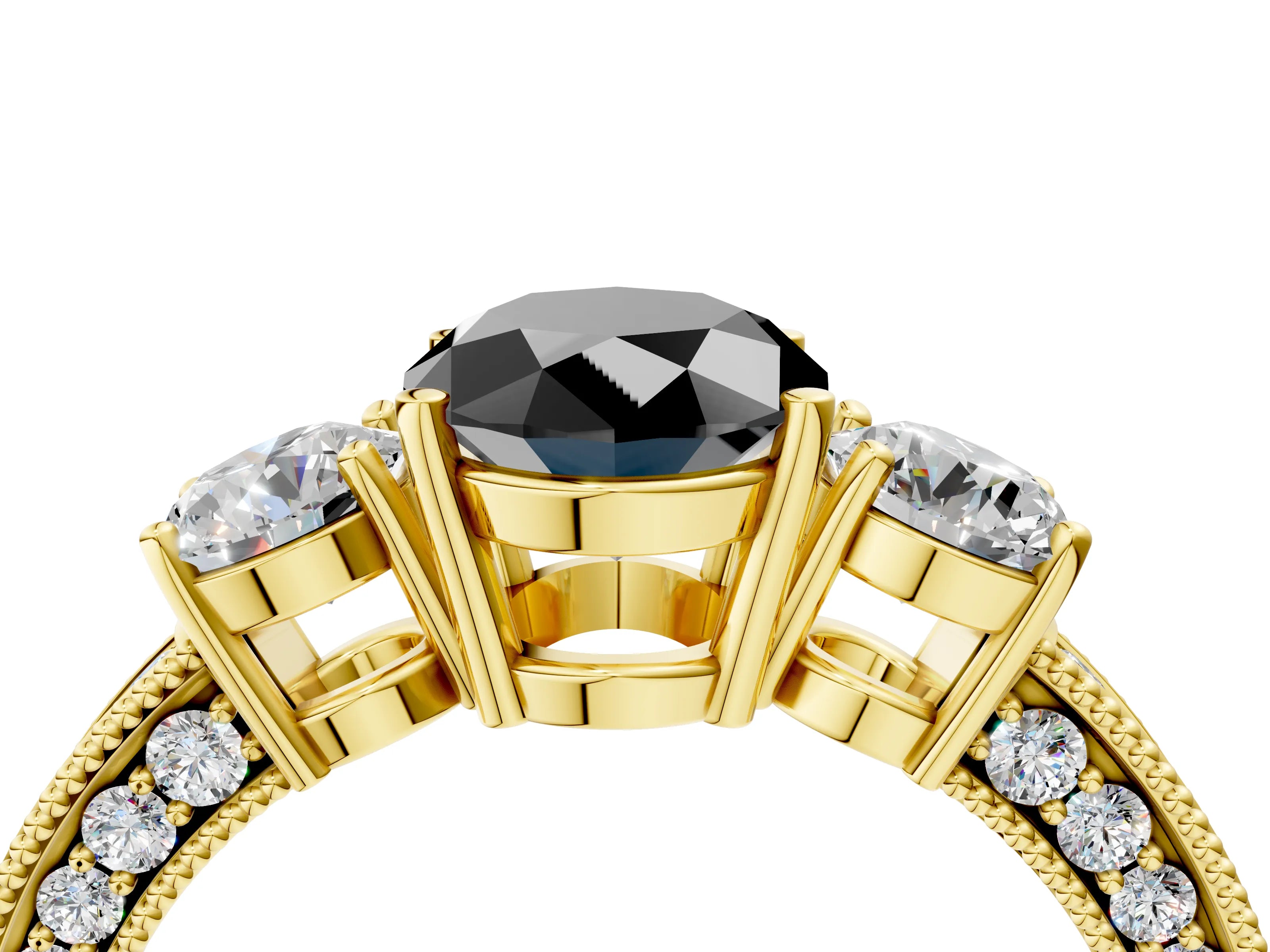 Yellow gold Fancy Black Oval Cut Three-Stone Diamond Ring with Pavé Band and Four-Prong Setting_4