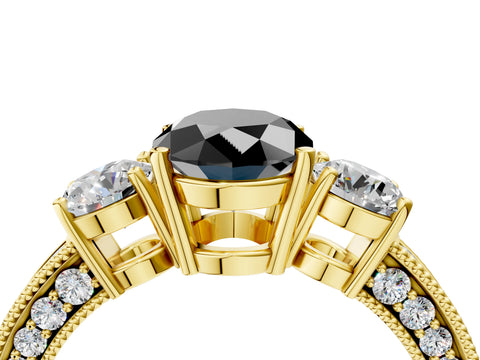Yellow gold Fancy Black Oval Cut Three-Stone Diamond Ring with Pavé Band and Four-Prong Setting_4