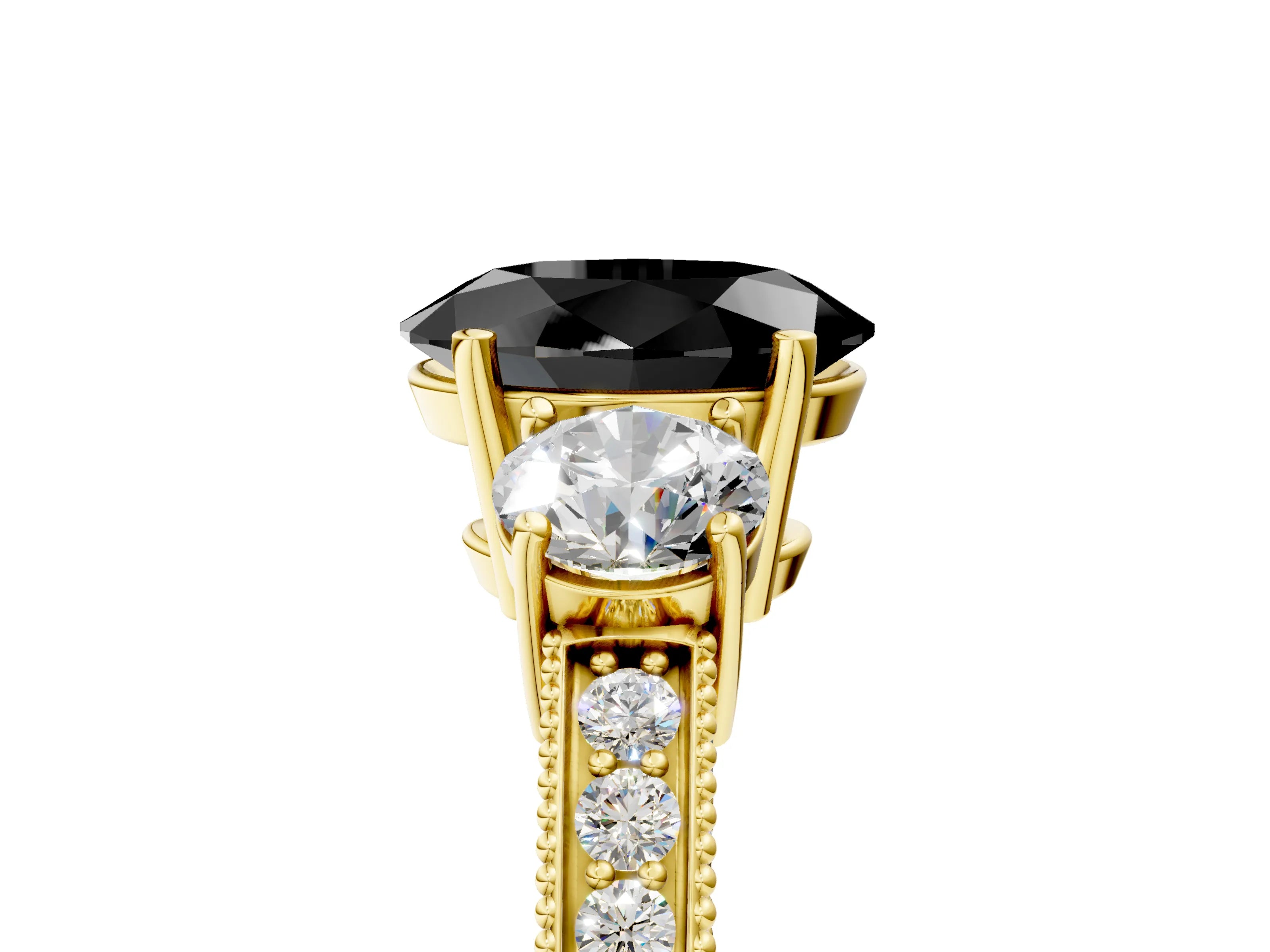 Yellow gold Fancy Black Oval Cut Three-Stone Diamond Ring with Pavé Band and Four-Prong Setting_5