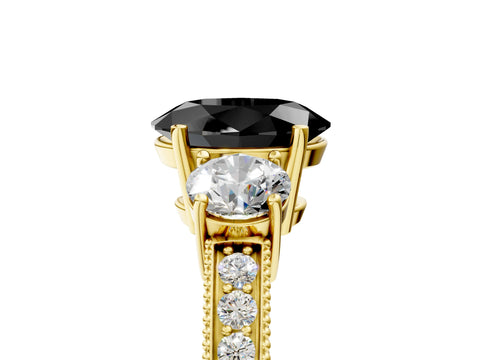 Yellow gold Fancy Black Oval Cut Three-Stone Diamond Ring with Pavé Band and Four-Prong Setting_5