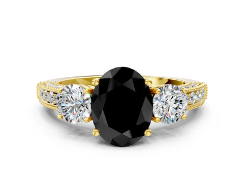 Yellow gold Fancy Black Oval Cut Three-Stone Diamond Ring with Pavé Band and Four-Prong Setting