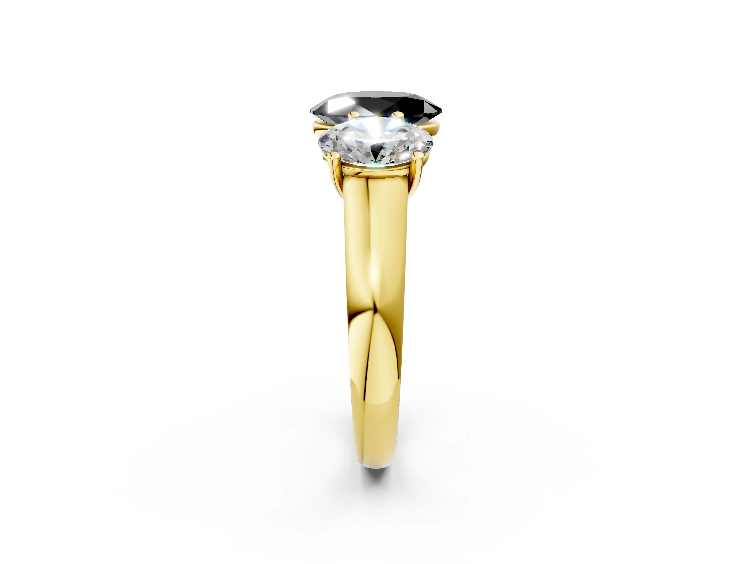 Yellow gold Fancy Black Oval Cut Three-Stone Diamond Ring with Prong Setting on a Classic Band_2