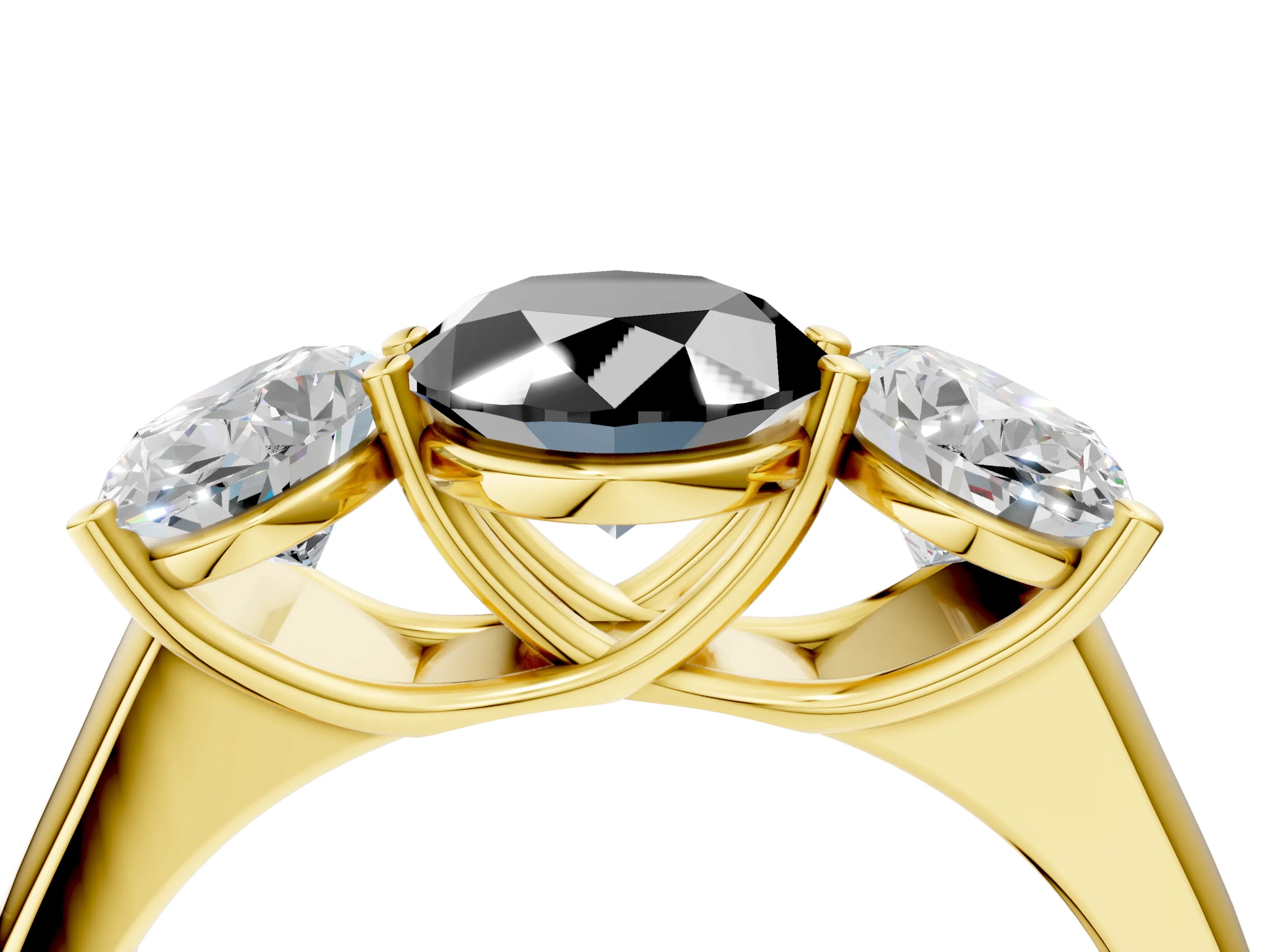 Yellow gold Fancy Black Oval Cut Three-Stone Diamond Ring with Prong Setting on a Classic Band_4