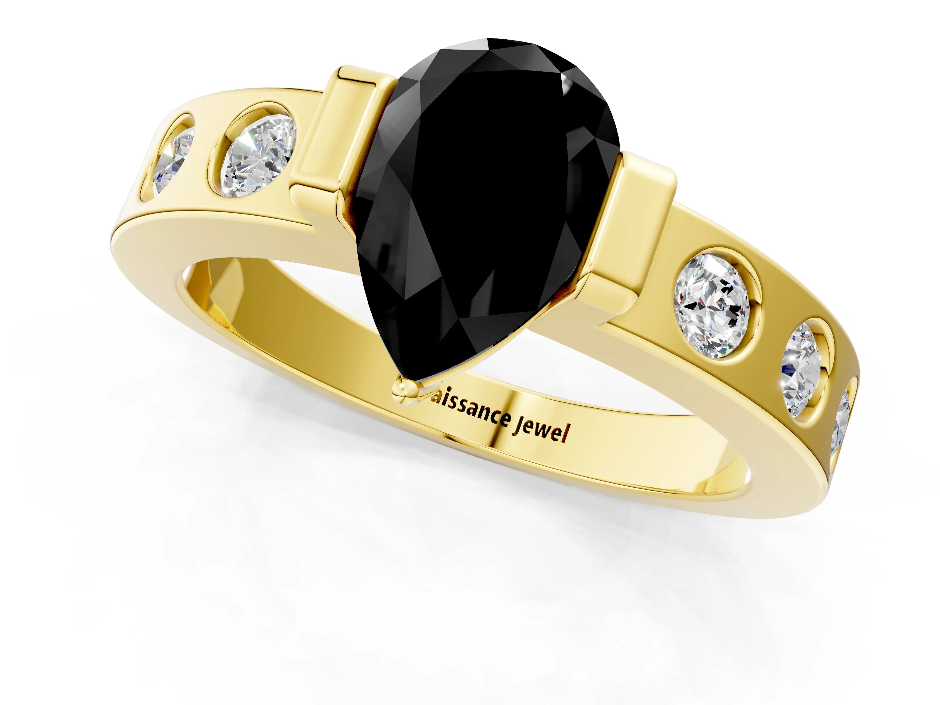 Yellow gold Fancy Black Pear Cut Brilliant Channel-Set Diamond Ring with Bezel Prong Setting_1