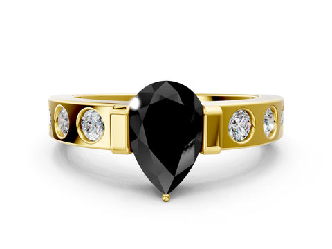 Yellow gold Fancy Black Pear Cut Brilliant Channel-Set Diamond Ring with Bezel Prong Setting